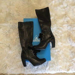 John Fluevog Black Patent-Trim Knee Boots